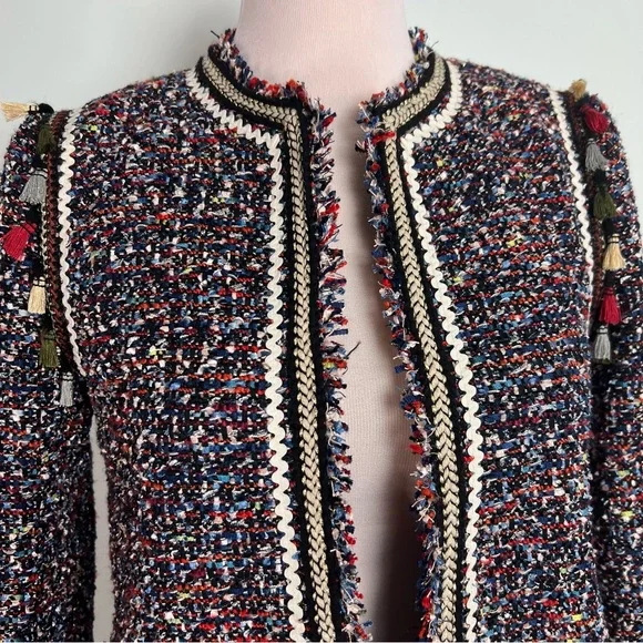 Zara Woman Tweed Blazer Jacket Small Multicolor Parisian Chic Tassel Fringe Pom - Picture 4 of 15